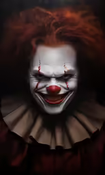 a creepy clown with red hair and red eyes and a dark background