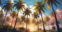 a painting of palm trees on an island