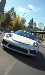 a white sports car drives down the road in the daytime