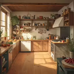 a kitchen with a bunch of shelves filled with potted plants