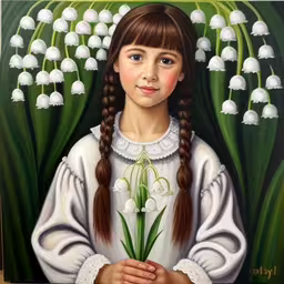 a painting of a little girl holding a bunch of flowers,a painting of a girl holding a lily of the valley,a little girl with long brown hair holding flowers,a painting of a girl with long braids holding a green plant,a painting of a young girl holding lilies