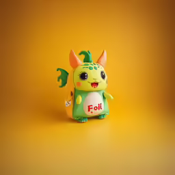 a small yellow and green monster toy sitting on top of a yellow background