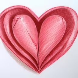 a drawing of a heart with folds in red ink,a heart - shaped piece of paper drawn on a piece of paper,a heart shape drawn with a pencil,a heart shape made out of crepe paper,a drawing of a pink heart with a shadow