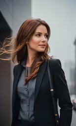 a woman is wearing a black suit and gray shirt