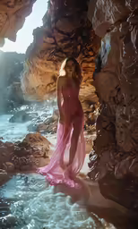 a model poses near rocks in a dress