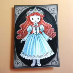 the little red headed doll is wearing a tiara,this is a painting of a little girl with red hair
