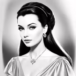 black and white image of a woman with long hair wearing a tiara