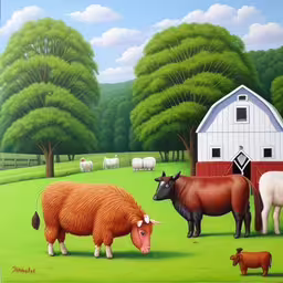a painting of farm animals grazing in a field,two cows and three cows in the pasture by a barn