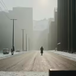 a man walking down the middle of a road
