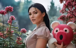 there is a woman holding up a stuffed animal