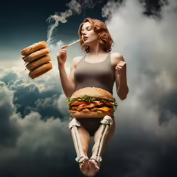 a girl that is standing in the air holding a sandwich