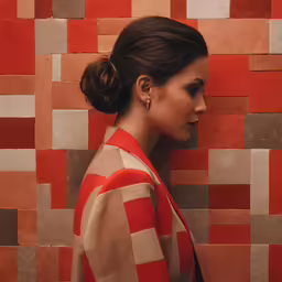 a young woman wearing a brown and red jacket in front of orange squares