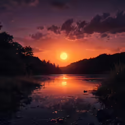 a red sun is setting over water in the distance