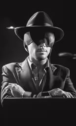 a man in a suit and hat with his hand on his chest
