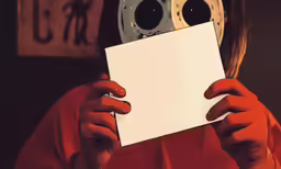 person holding a card up to their face with a movie behind them