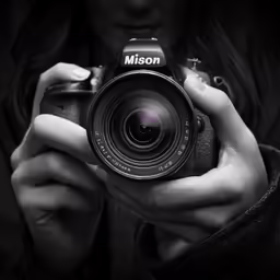 woman holding a camera taking a selfie with the camera in her hand
