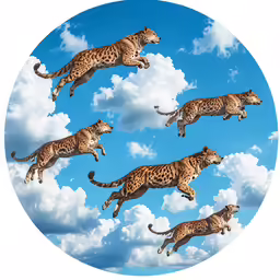 three photographs with the same image in the background of a sky with clouds of four running tigers