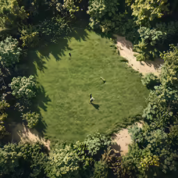 a circular park with birds on the grass and dirt path