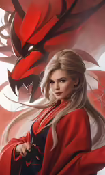 a woman wearing red in front of a dragon