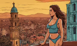 a woman in bikini standing near a city,a woman is standing at a ledge looking out to the city