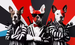 three dogs dressed up in striped clothing, with hats, guns and sunglasses