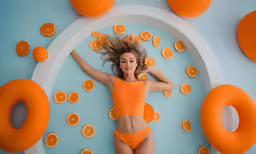 a model in a bikini lying on top of a doughnut circle