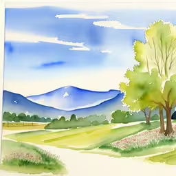 the painting shows a colorful view of mountains and trees,the painting is of a scenic view,a watercolor painting with a large tree next to a grassy field,a painting of a rural scene, the water looks so peaceful,a drawing of a scenic view of mountains