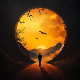 a man stands in front of a sunset on the other side of a circle