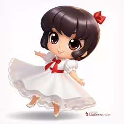 a little doll with brown hair and big eyes