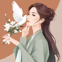 a woman with long hair holding a bird on her hand and flower in her other hand