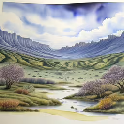 a painting of a river and mountains with a blue sky,a painting of a landscape that looks very unique