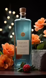 a bottle of ginfetch with orange flowers and berries in the background