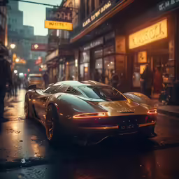 a car parked on the street in the rain