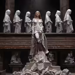 the sculpture is a woman surrounded by many white statues