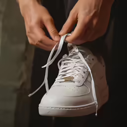 person putting on a shoelaced white nike sneakers
