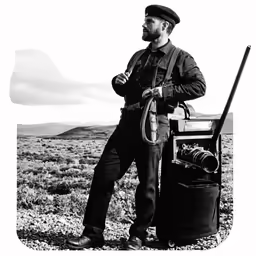 a man standing next to a radio in an open field