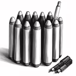 a pencil drawing of eight bullet sets with one with a pen