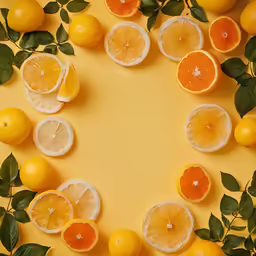many oranges and lemons arranged in a circle on a bright yellow background
