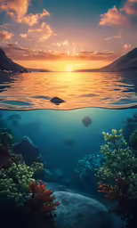 the sun is going down on the ocean water