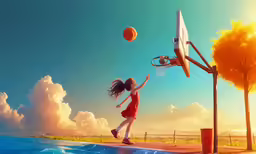a young girl dunking a basketball into the basket