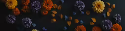 orange, purple and yellow paper flowers hanging on a black background