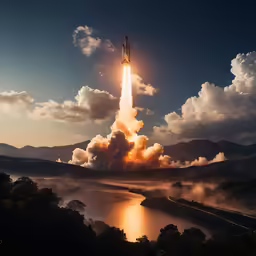 a space shuttle taking off from a hill