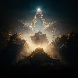 the sun shining through a dark cave filled with rocks