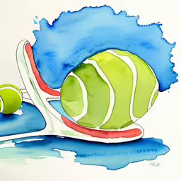 a watercolor drawing of two tennis balls and rackets,a drawing of a tennis ball and racket,a tennis ball is being pushed up on top of a racket,a drawing of two tennis balls on a racket,a watercolor painting of a green tennis ball and racket in the water