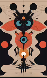 a painting of an abstract design with a man, circles and a star
