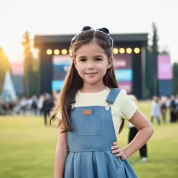 young girl in dress posing in front of large stage