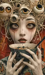 a woman with weird makeup eating noodles