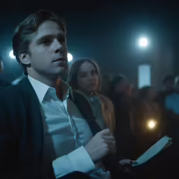 a man holding a piece of paper and a woman standing behind him