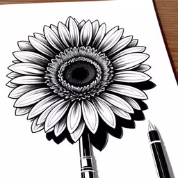 the inside of a sunflower with the center section drawn,drawing a sunflower with pen and ink on paper,an ink drawing of a flower,a pen sitting next to a sunflower on top of a table,an ink drawing of a flower with a marker