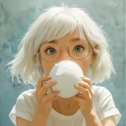 woman looking intently at white object while wearing glasses